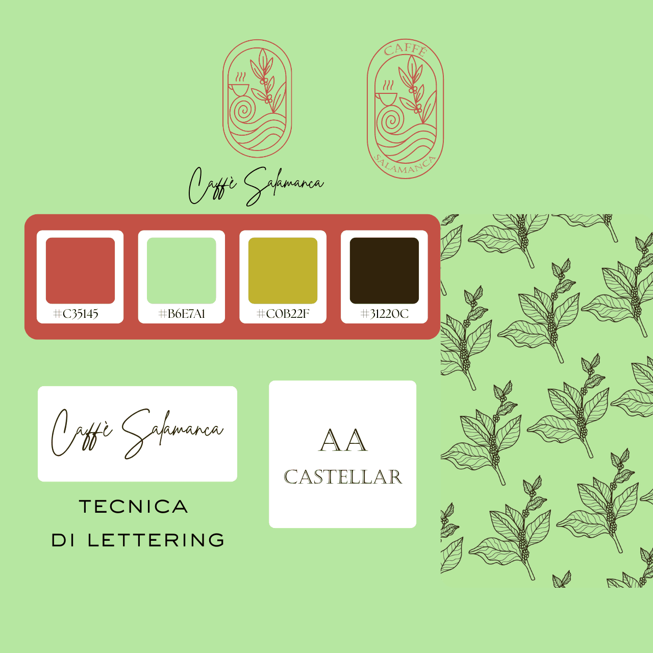 Esempio di brand identity per caffetteria: logo, colori, lettering e pattern